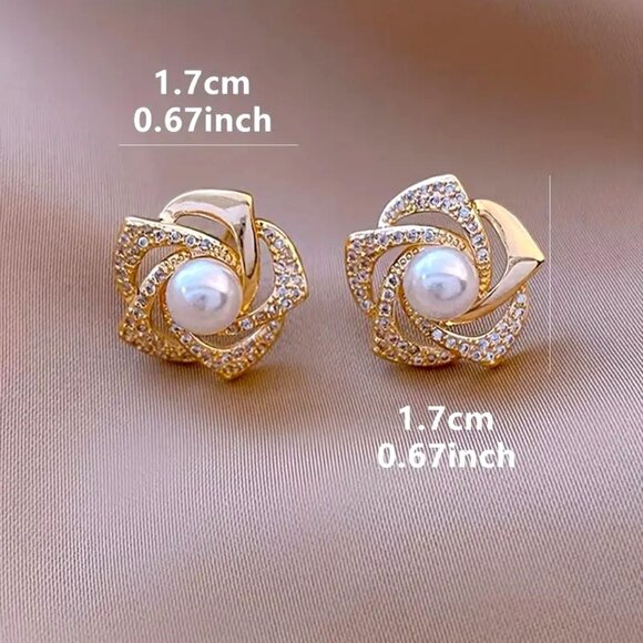 Earrings Pearl Rhinestone Flower Gold Simple Trendy Sparkle Bride Minimalist NEW - Picture 2 of 2